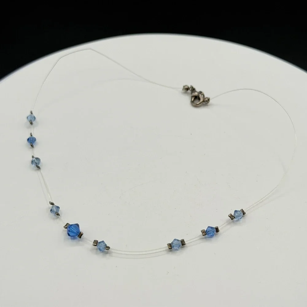 Blue Faceted Crystal Illusion Necklace Clear Wire Minimalist Y2K Gift for Her